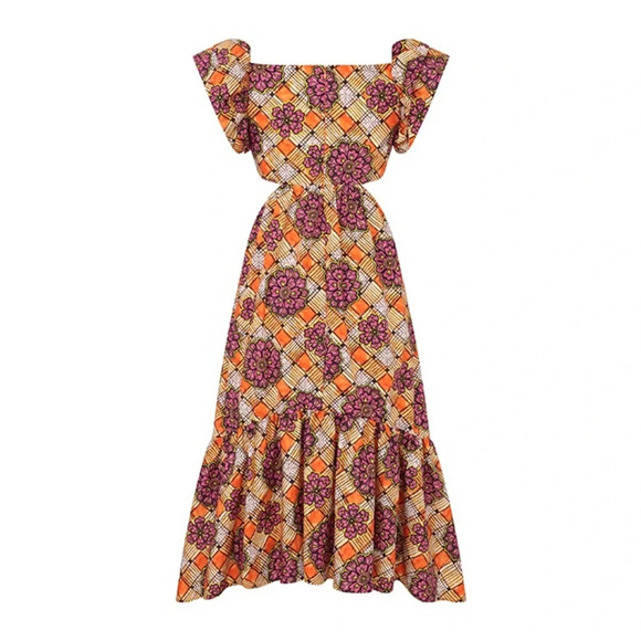 Autumn Adeigbo Cut Out Midi Chioma Ruffle Dress in Orange Base African Floral - Picture 5 of 11